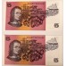 AUSTRALIA 1990 . FIVE 5 DOLLAR BANKNOTES . FRASER/HIGGINS . CONSECUTIVE PAIR